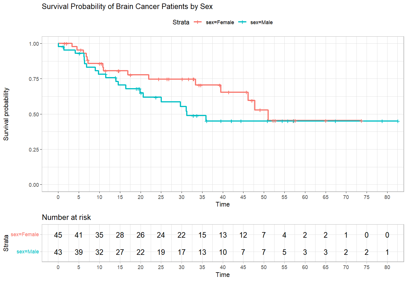 Kaplan-Meier curves for two groups